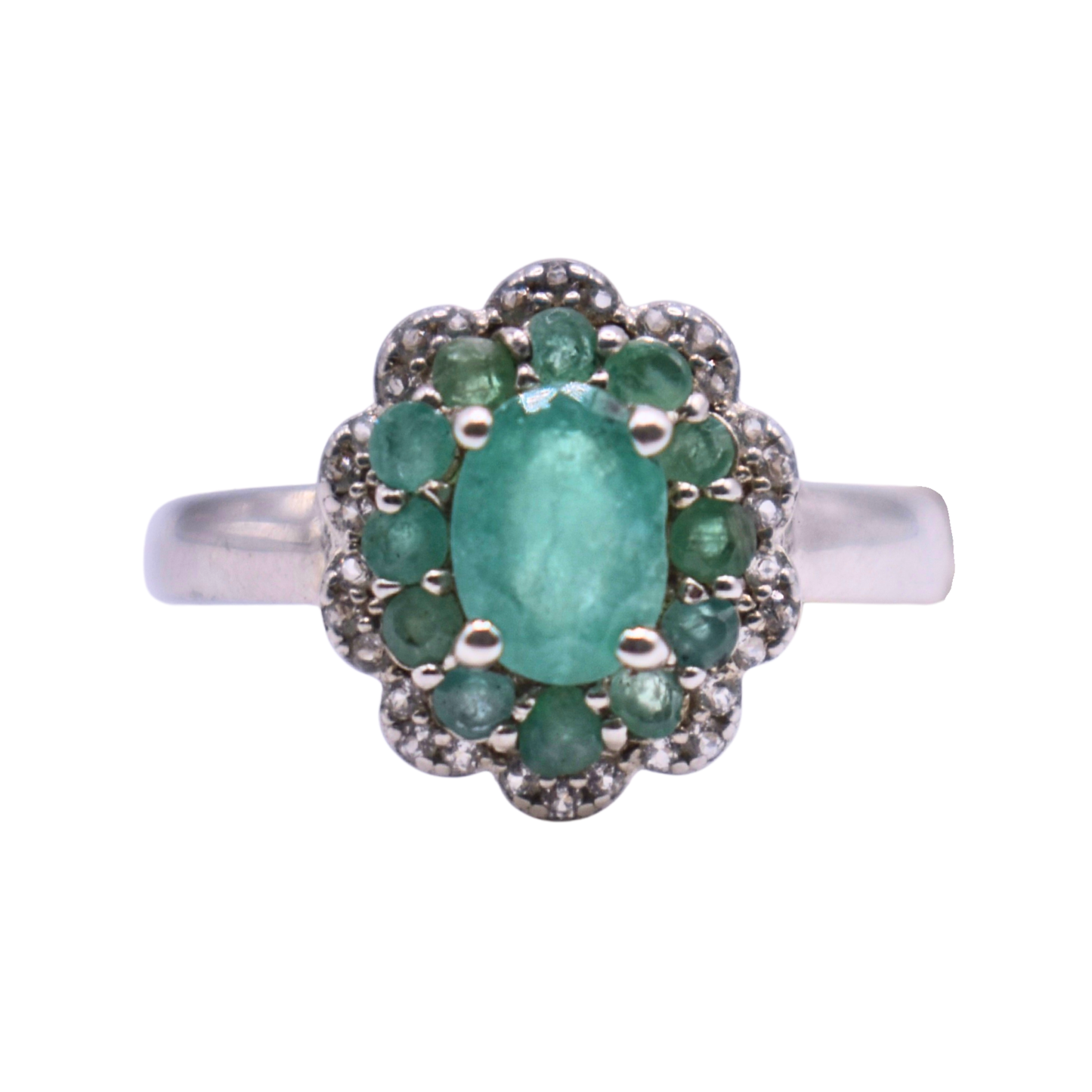 Anillo Roseta de Esmeralda y Topacio Blanco