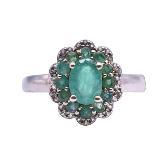 Anillo Roseta de Esmeralda y Topacio Blanco