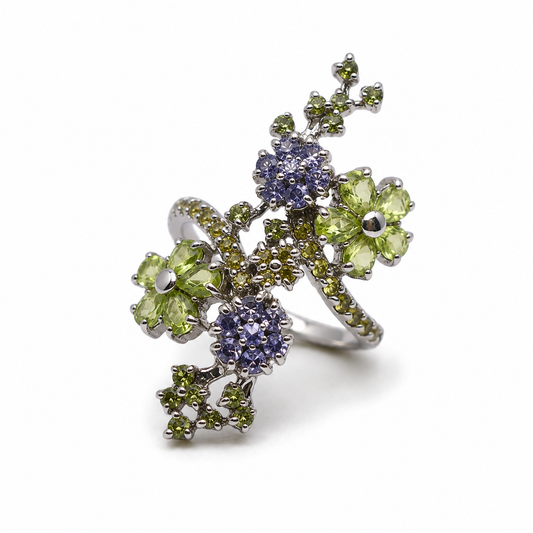 Anillo Botánica de Zafiro Amarillo, Tanzanita y Peridoto