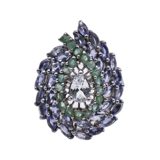 Anillo Mandala de Aguamarina, Esmeralda y Tanzanita