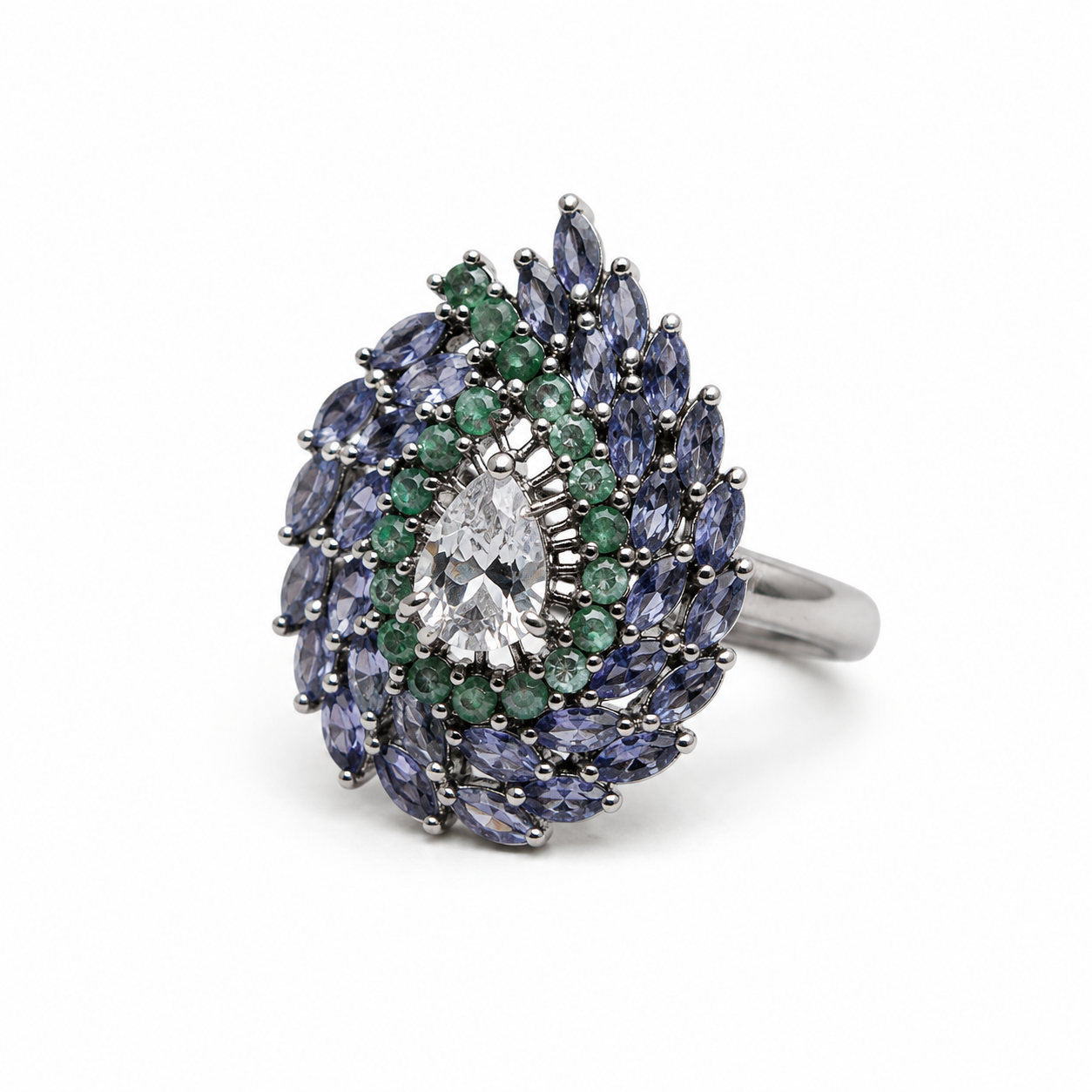 Anillo Mandala de Aguamarina, Esmeralda y Tanzanita